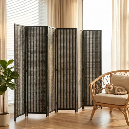 Folding Privacy Screen, 6 Panel Room Divider, Handwoven Bamboo, Black