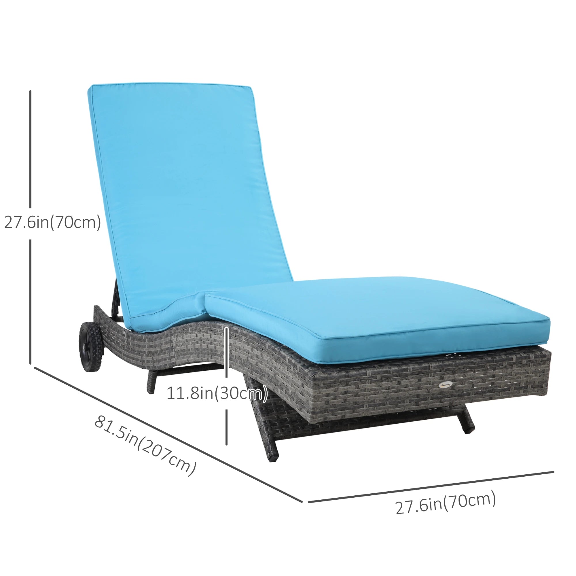 Adjustable Wicker Chaise Lounge Chair with Cushion, Wheels, Sky Blue Chaise Loungers at Gallery Canada