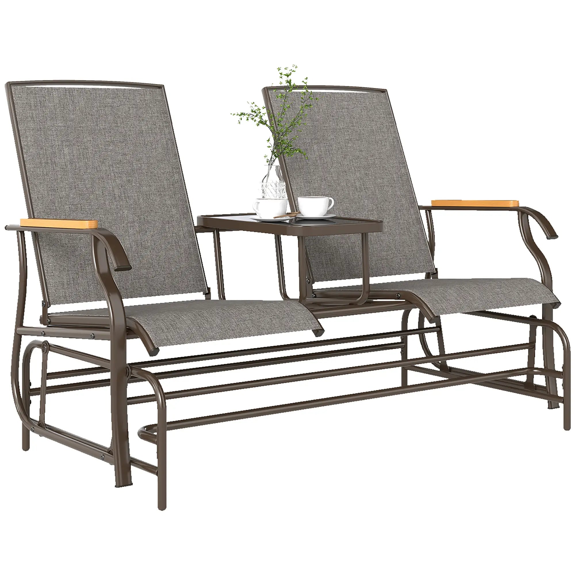 2-Person Glider Bench, Outdoor Mesh Loveseat with Table Outdoor Gliders Light Mixed Brown at Gallery Canada