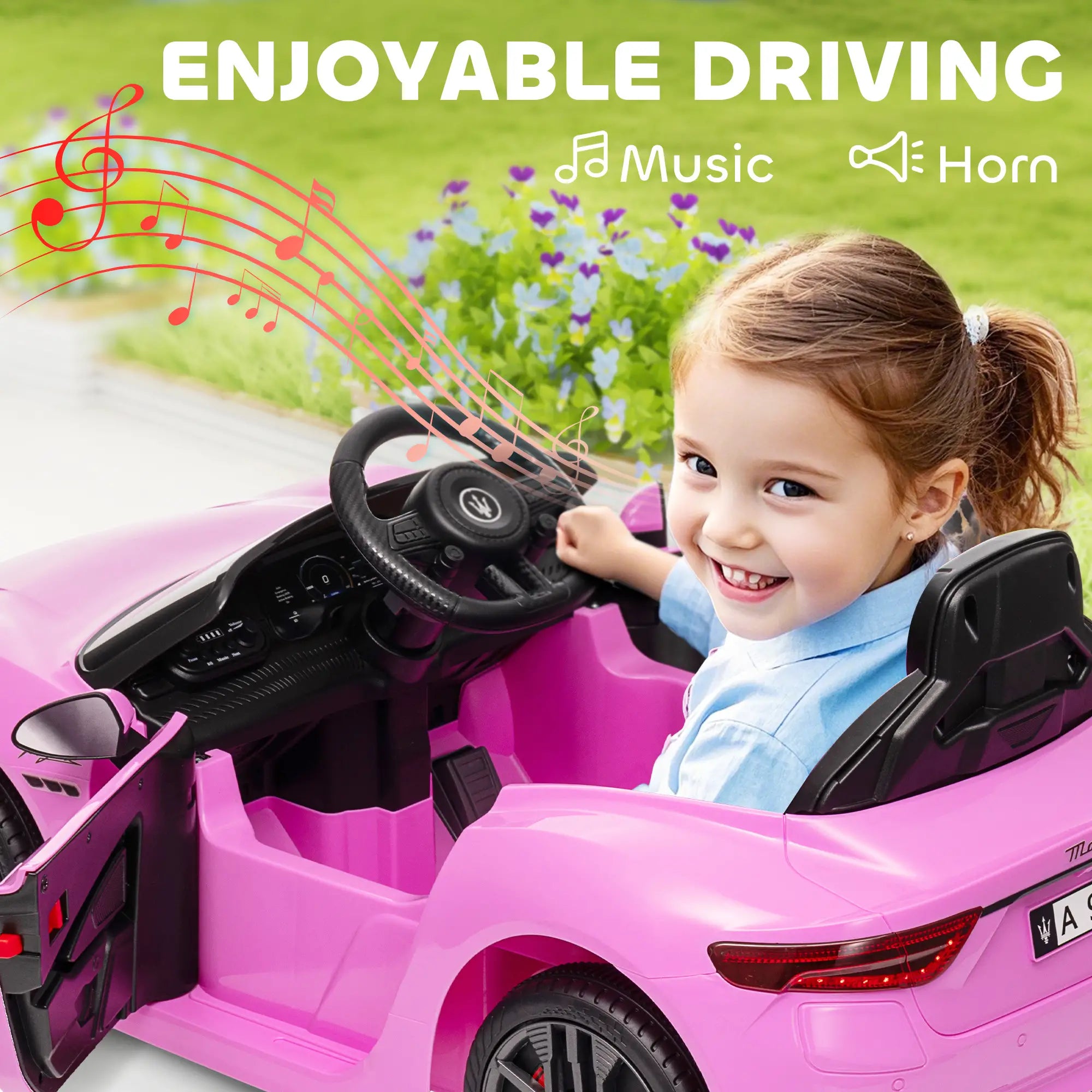 12V Maserati Gran Turismo Licensed Kids Electric Car w/ Remote Control, Soft Start, LED Lights, Music, Horn, MP3, Pink Electric Toy Cars at Gallery Canada