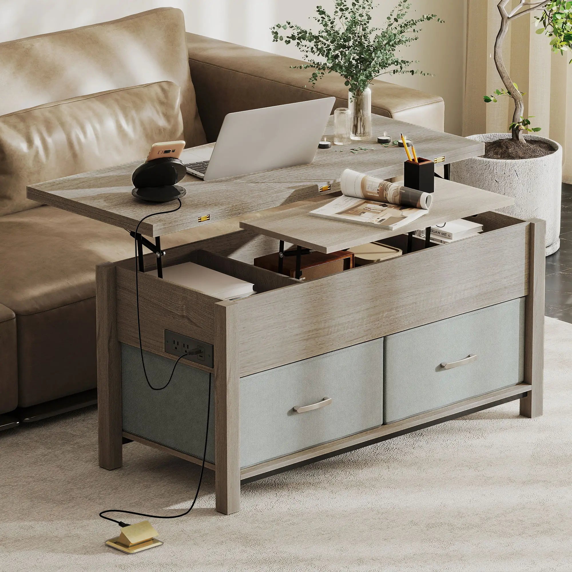 Lift Top Coffee Table, 3 Hidden Compartments, 2 Fabric Drawers, Expandable Top, Charging Station Coffee Tables at Gallery Canada