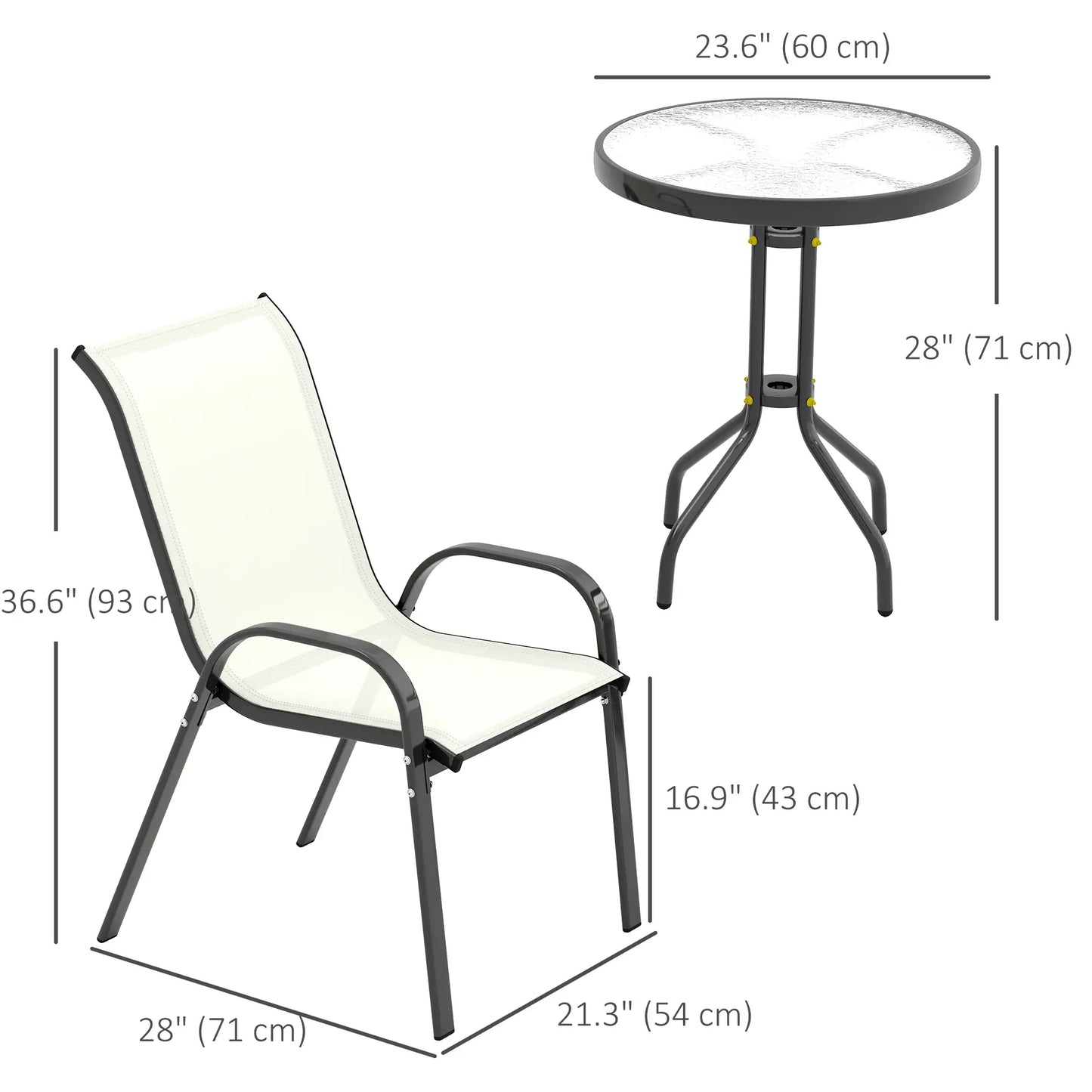 3 Piece Bistro Set, Stackable Mesh Chairs, Glass Table, Beige Bistro Sets at Gallery Canada