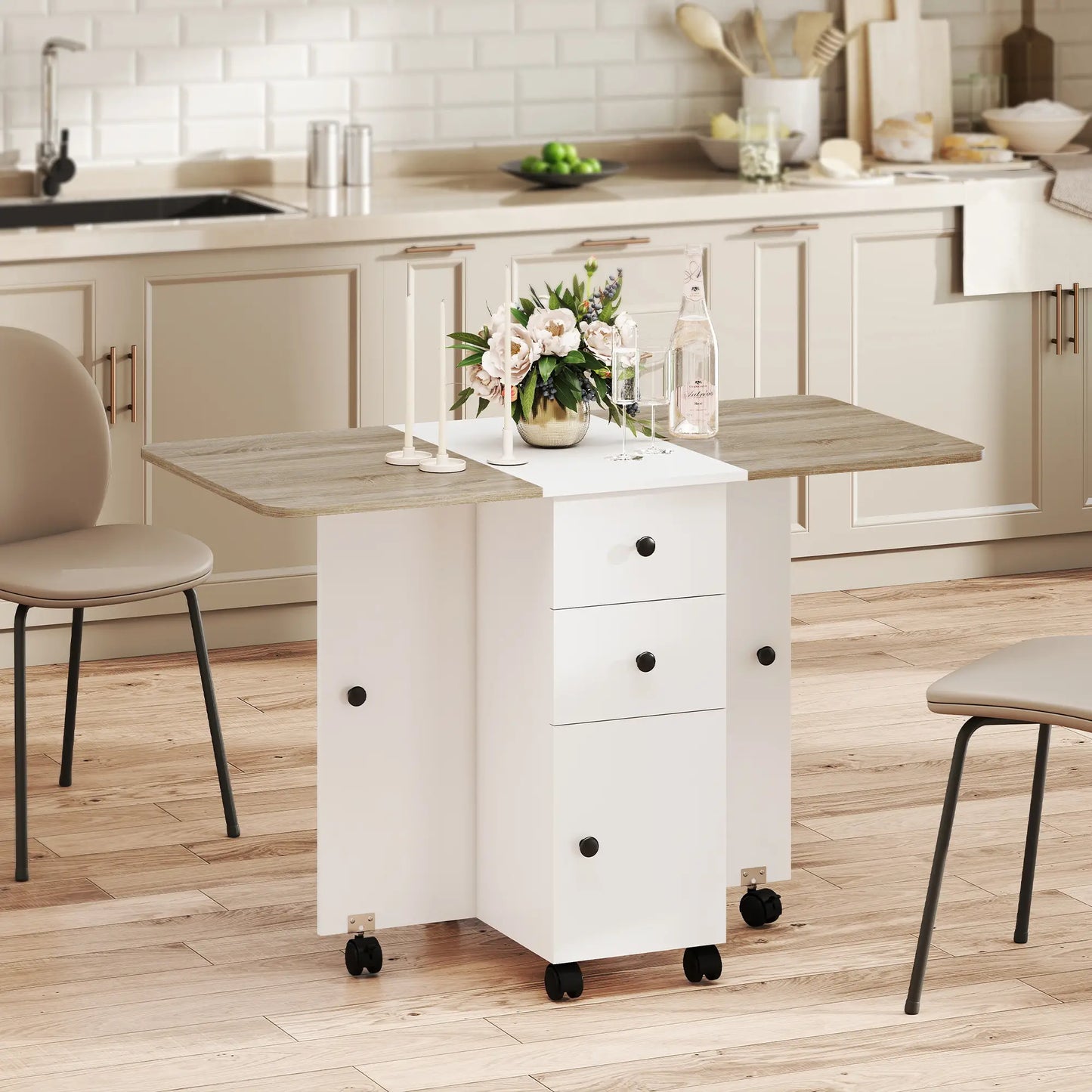 Mobile Drop Leaf Dining Table On Wheels, White And Oak, White