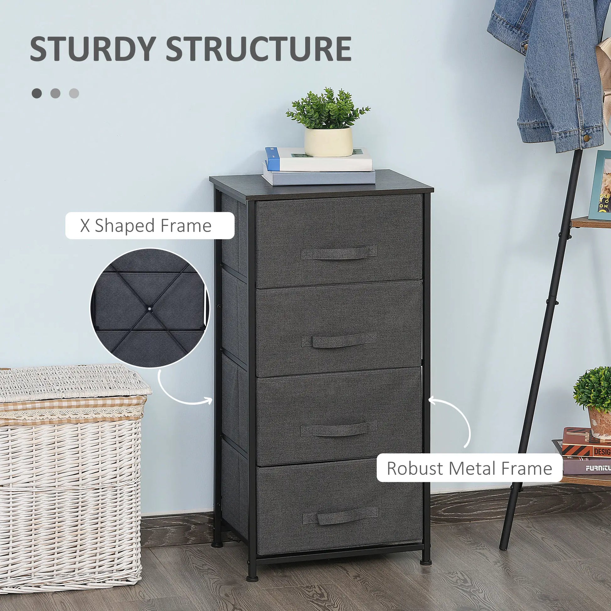 Linen Drawer Cabinet, 4 Removable Drawers, Metal Frame, Adjustable Feet, Black Storage Cabinets at Gallery Canada