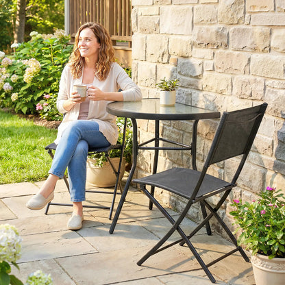 3-Piece Patio Bistro Set, Folding Chairs, Glass Table, Black Bistro Sets at Gallery Canada