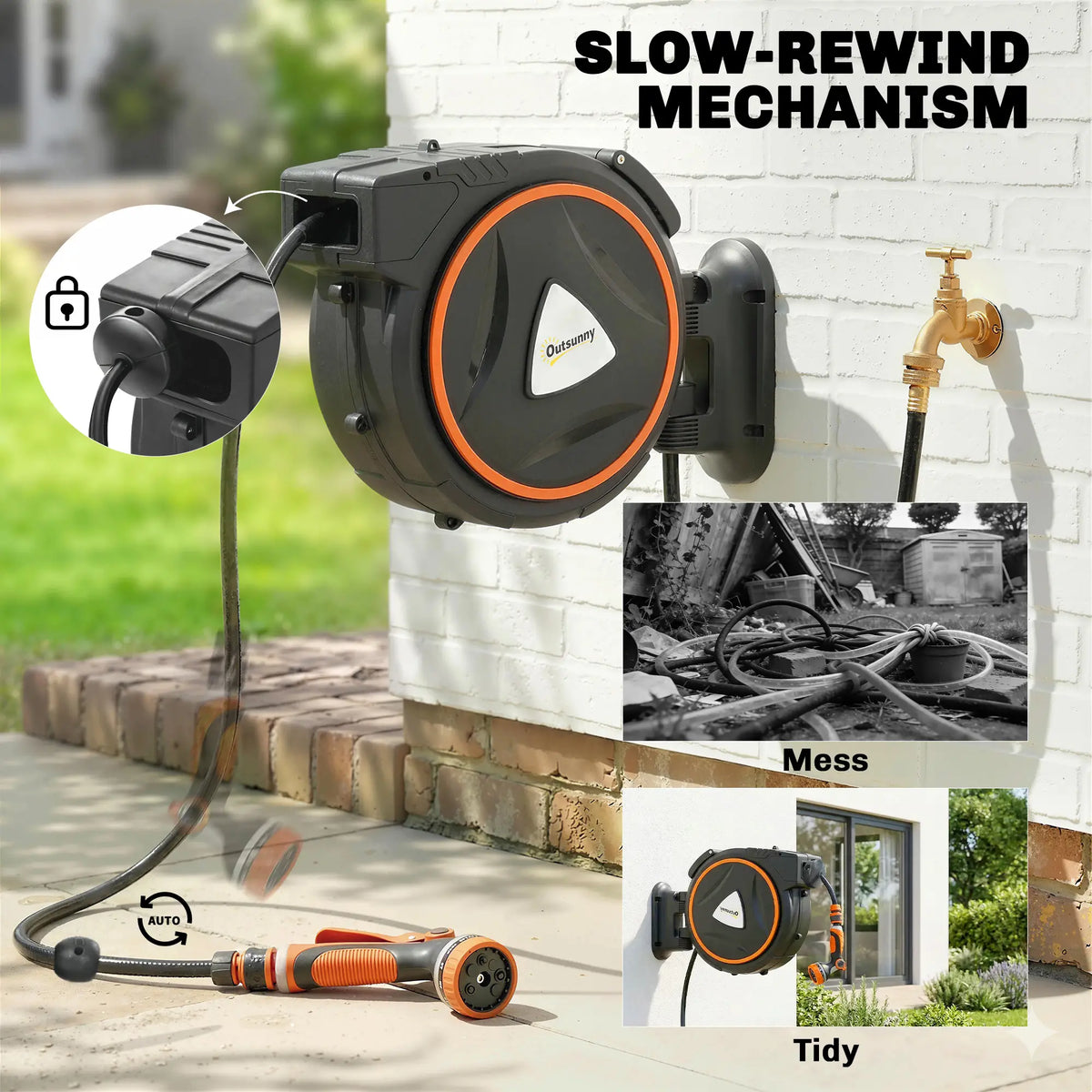1/2" x 59ft Retractable Wall Mounted Hose Reel, 12-Pattern Nozzles Garden Accessories at Gallery Canada