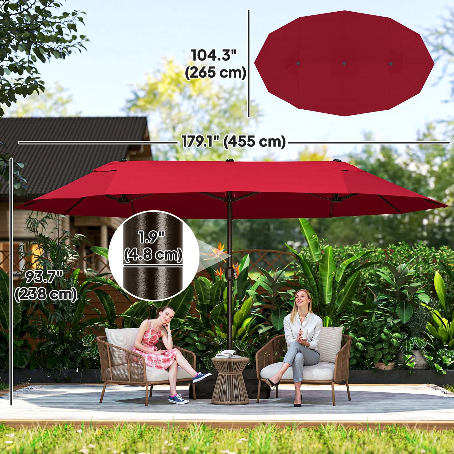 15' Outdoor Patio Umbrella, Twin Canopy Sunshade, Lift Crank, Wine Red Sun Umbrellas at Gallery Canada