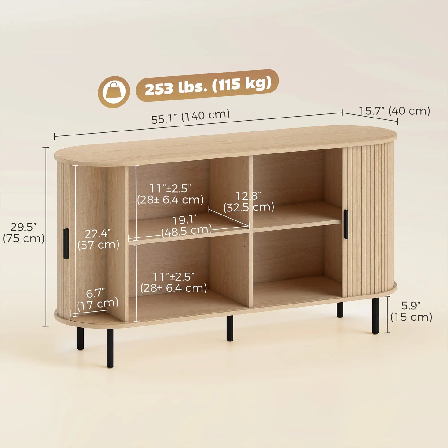 Mid Century Fluted Buffet Cabinet With Sliding Doors, 55", Natural