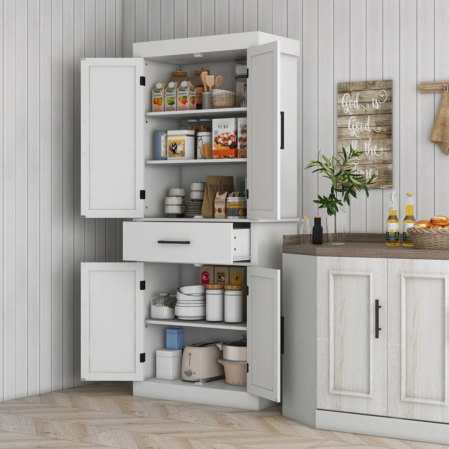 72" Kitchen Storage Cabinet, Farmhouse Pantry, 4 Barn Doors, Drawer, Adjustable Shelves, White Kitchen Pantry Cabinets at Gallery Canada