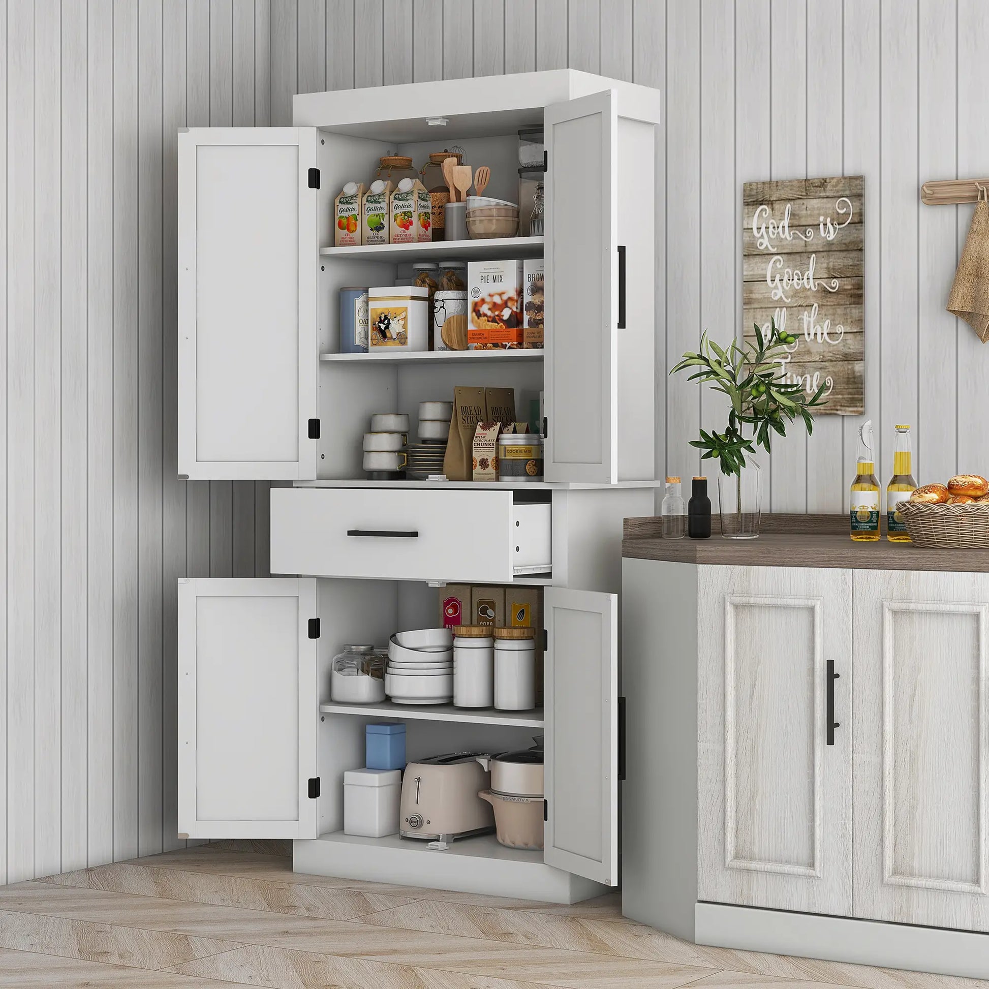 72" Kitchen Storage Cabinet, Farmhouse Pantry, 4 Barn Doors, Drawer, Adjustable Shelves, White Kitchen Pantry Cabinets at Gallery Canada