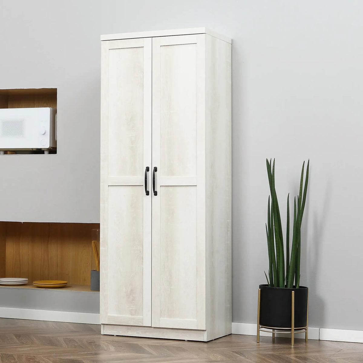 63" Kitchen Storage Cabinet, 5-Tier Pantry with Doors, Adjustable Shelves, Distressed, White Kitchen Pantry Cabinets at Gallery Canada