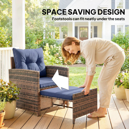 5 Piece Patio Set, Wicker Chairs With Ottomans, Glass Coffee Table, Brown/Dark Blue Patio Furniture Sets at Gallery Canada