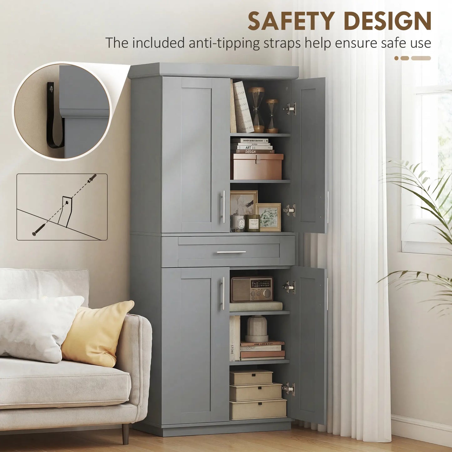 72" Storage Cabinet, Freestanding Kitchen Pantry Cabinet with 4 Doors, Drawer and 3 Adjustable Shelves, Grey Kitchen Pantry Cabinets at Gallery Canada
