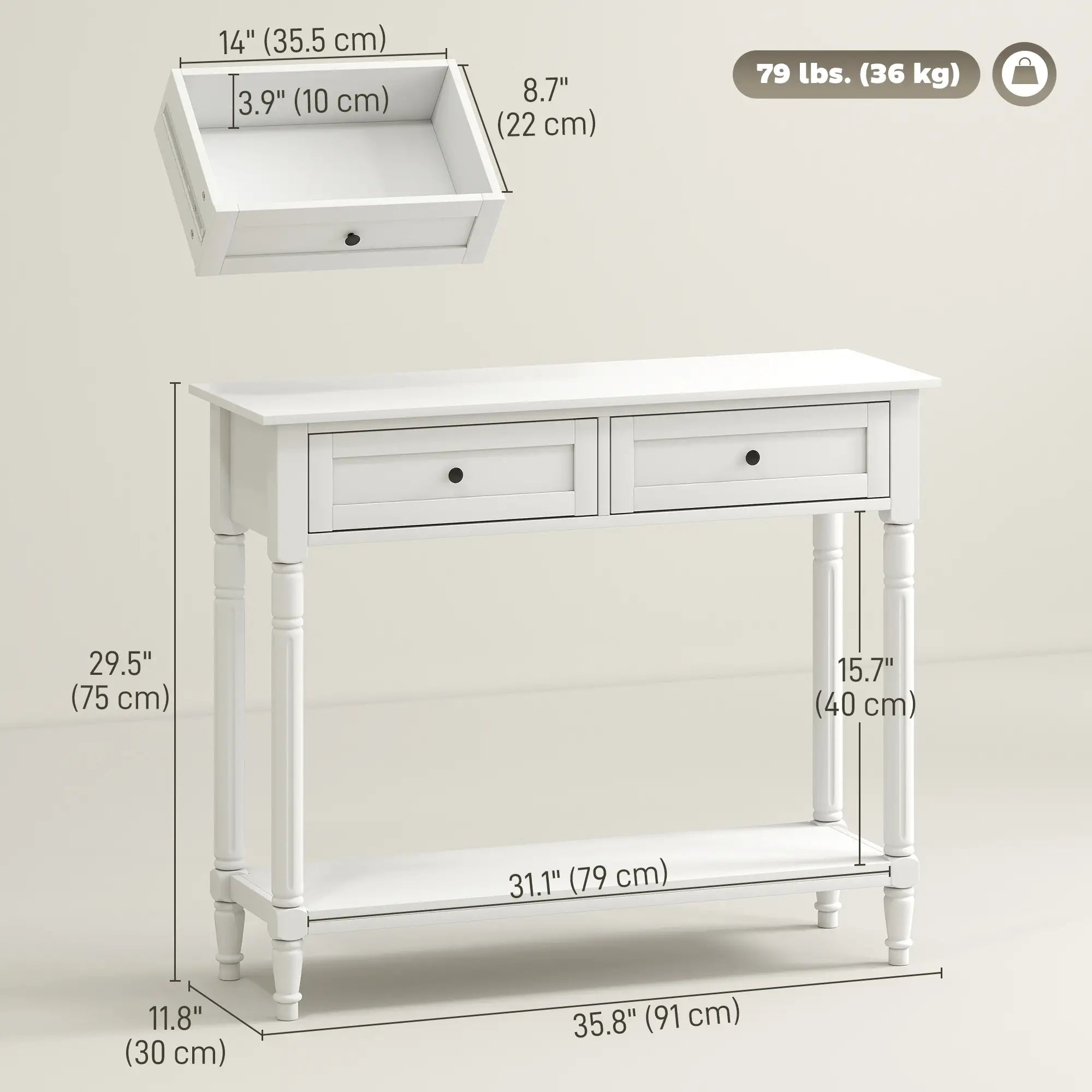 Modern Hallway Console Table, 2 Drawers, Storage Shelf, Turned Legs, White Console Tables at Gallery Canada