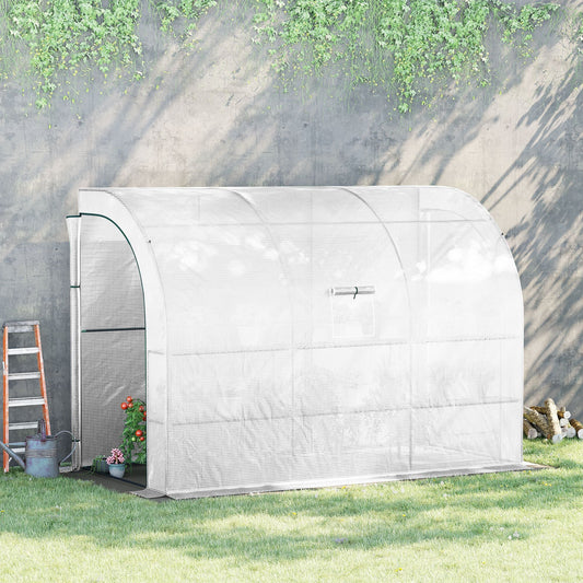 Walk-in Wall Lean-to Greenhouse, 10' x 5' x 7' Outdoor Gardening Green House with PE Cover, Windows, Shelves and 2 Zipper Doors, White - Gallery Canada