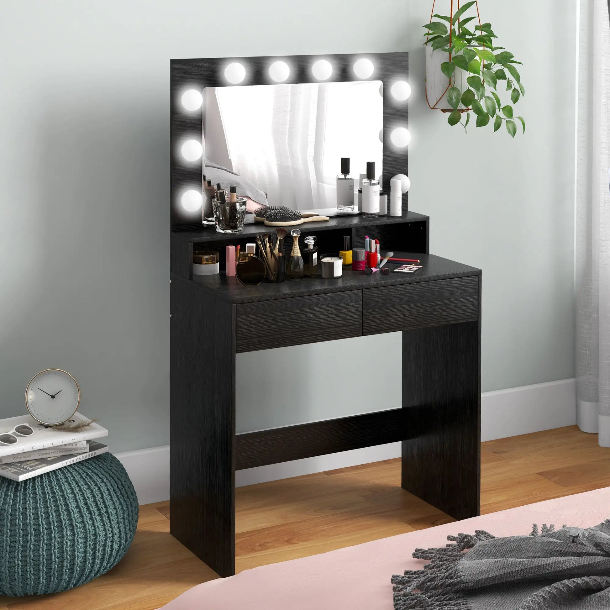Vanity Table, Makeup Dressing Table with LED Lighting Mirror, Drawers, for Bedroom, Black Dressing & Vanity Tables at Gallery Canada