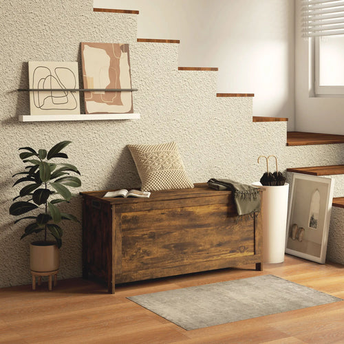 Modern Storage Trunk with Safety Hinges, Entryway Bench, Rustic Brown, Brown