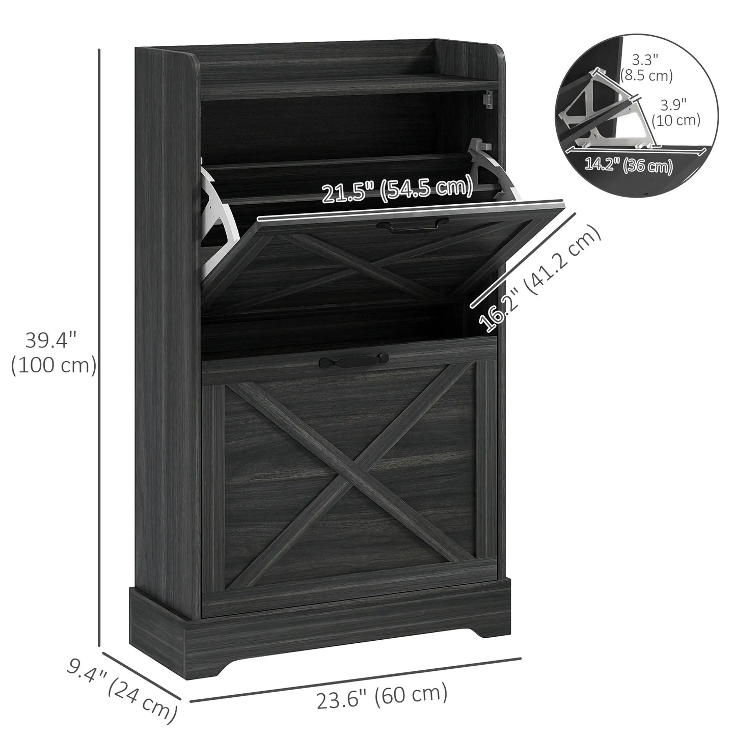 Slim Shoe Storage Cabinet, 2 Flip Drawers, Adjustable Shelves, Distressed, Grey Shoe Storage Cabinets & Racks at Gallery Canada