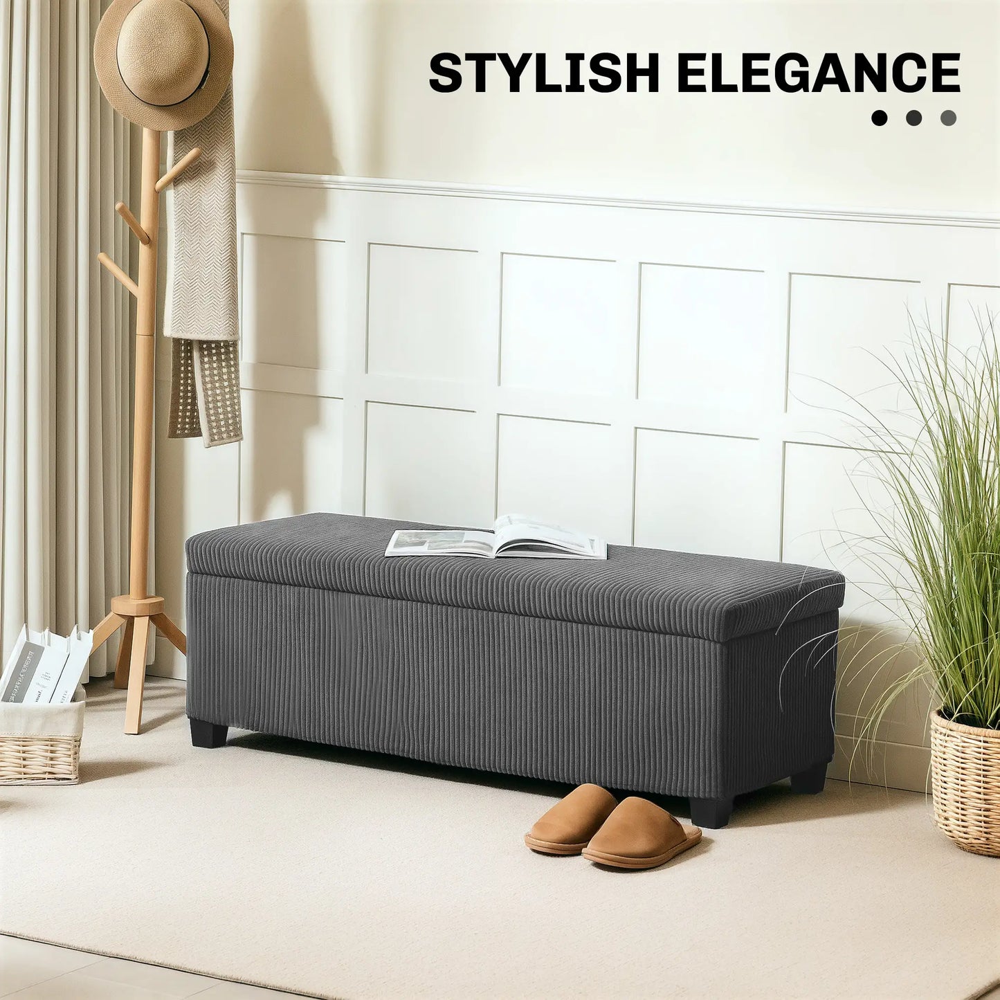 44 Inches Ottoman Storage Bench, Corduroy Lid, Grey