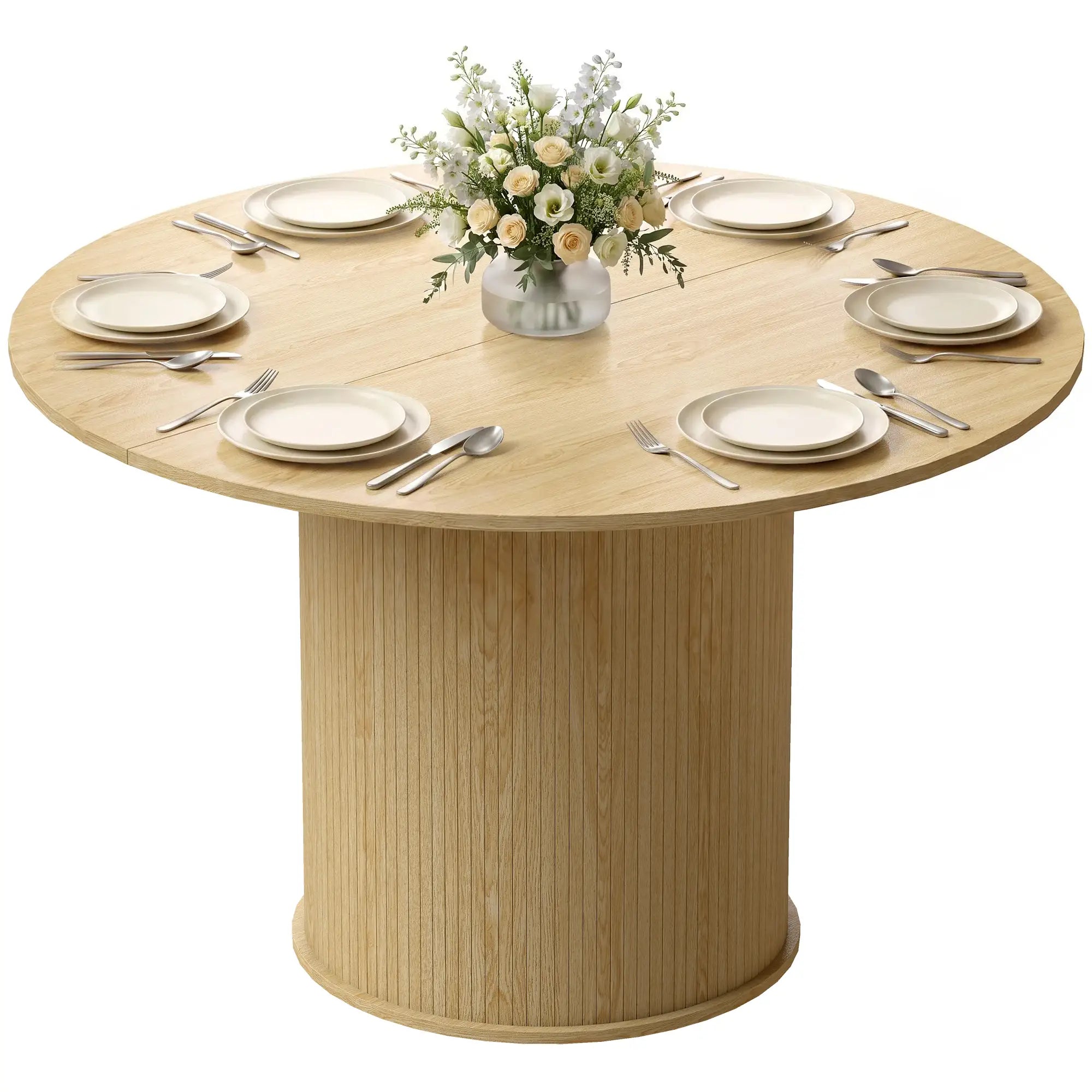 Round Dining Table For 5, 47 Inch, Fluted Pedestal Base, Natural Dining Tables Natural at Gallery Canada