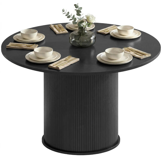 47 Inch Round Dining Table For 5, Fluted Pedestal Base, Black Dining Tables Black Wood Grain at Gallery Canada