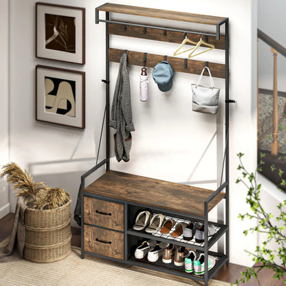 6-In-1 Hall Tree, Bench with Shoe Storage, 10 Hooks, 2 Fabric Drawers, Rustic Brown Clothing Storage at Gallery Canada
