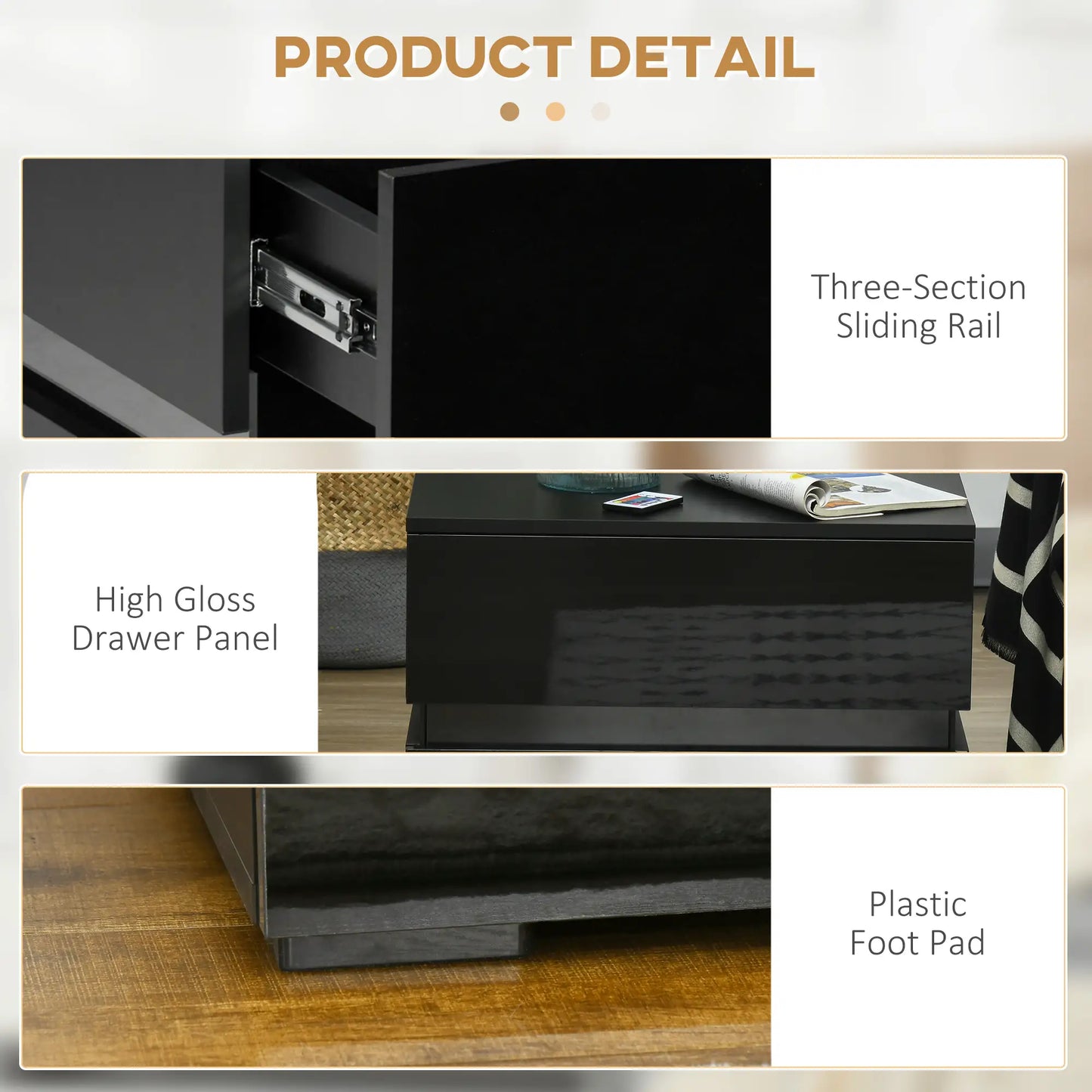 Modern Nightstand, 2 Drawers, USB RGB LED Lights, Remote, Black Bedside Tables at Gallery Canada