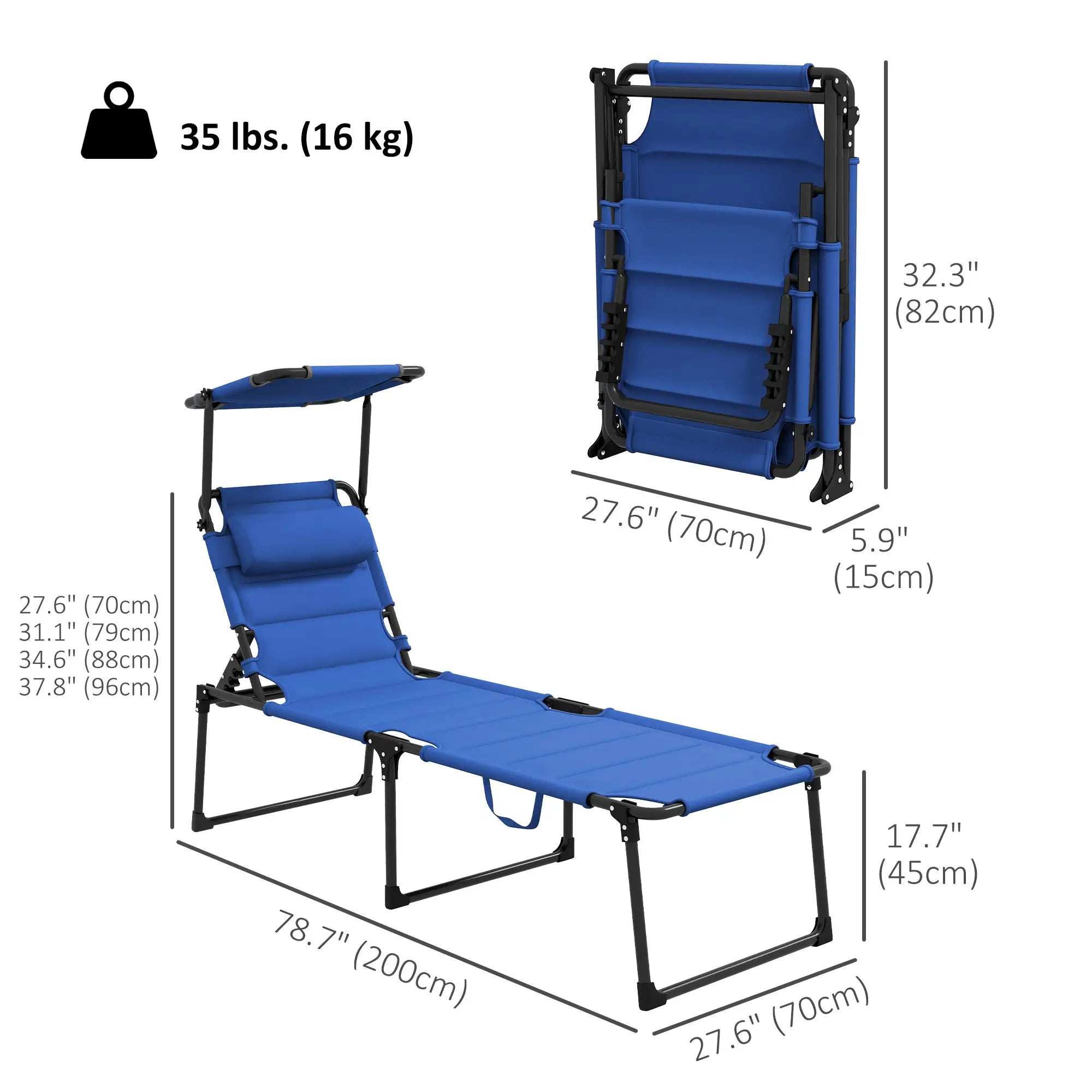 Folding Chaise Lounge, Adjustable Sunroof, Quick Dry Padded, Outdoor, Blue Lounger Chairs at Gallery Canada