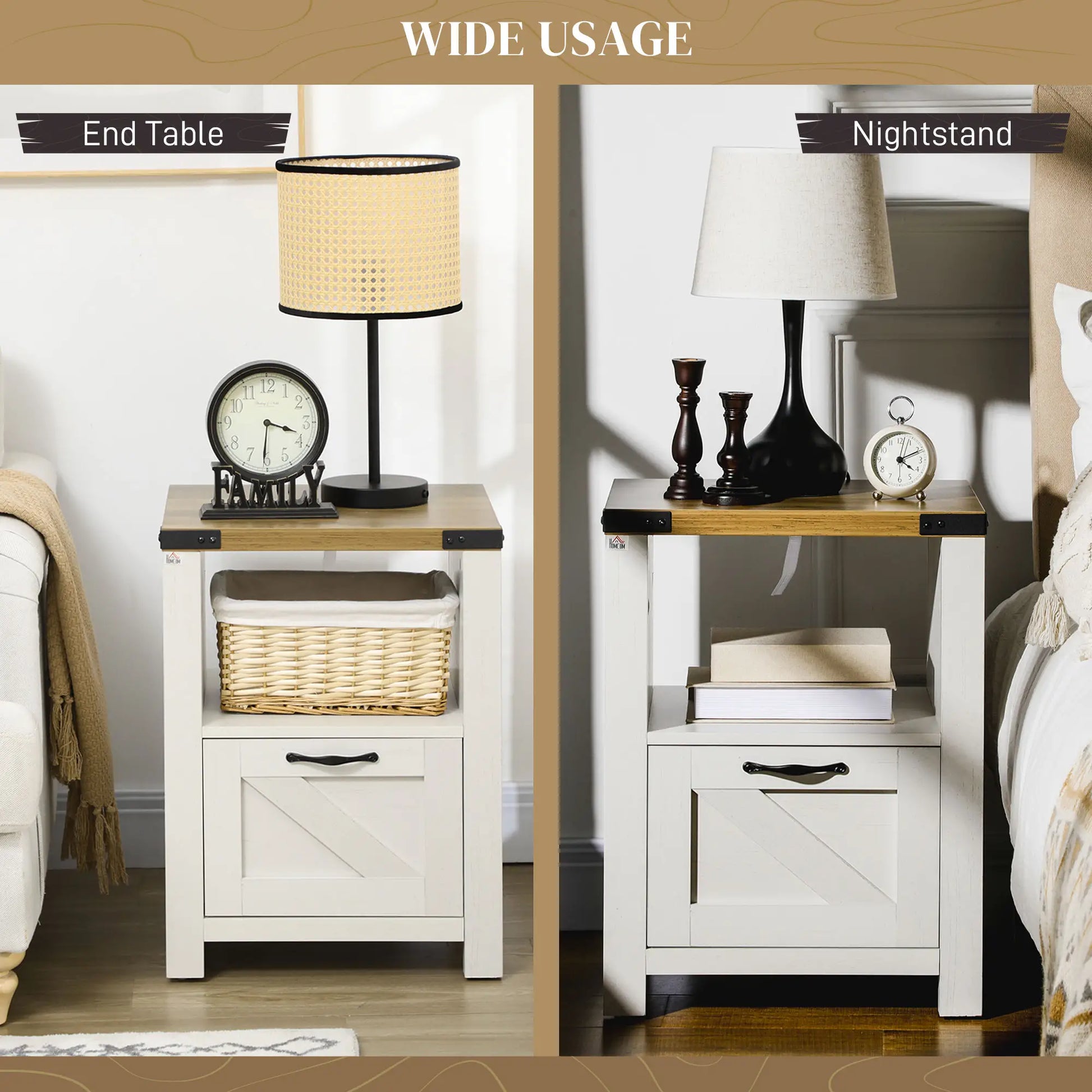 Farmhouse Side Table with Drawer, Open Shelf, White Side Tables at Gallery Canada