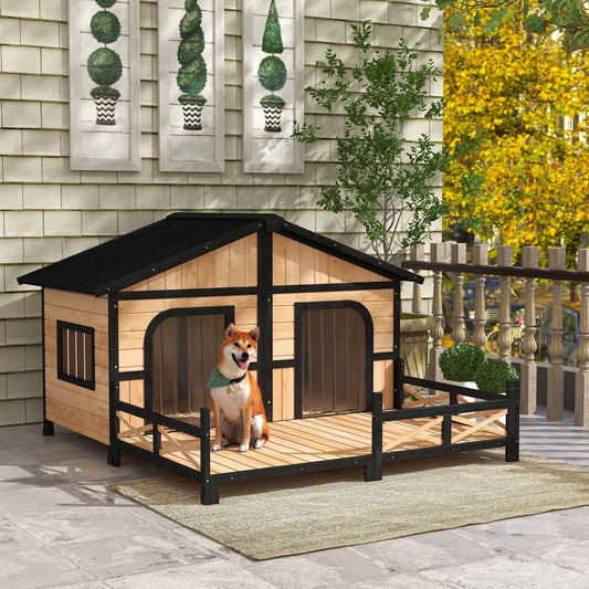 59"x64"x39" Wood Dog House Outdoor Cabin-Style Elevated Pet Shelter with Porch Deck, Beige - Gallery Canada