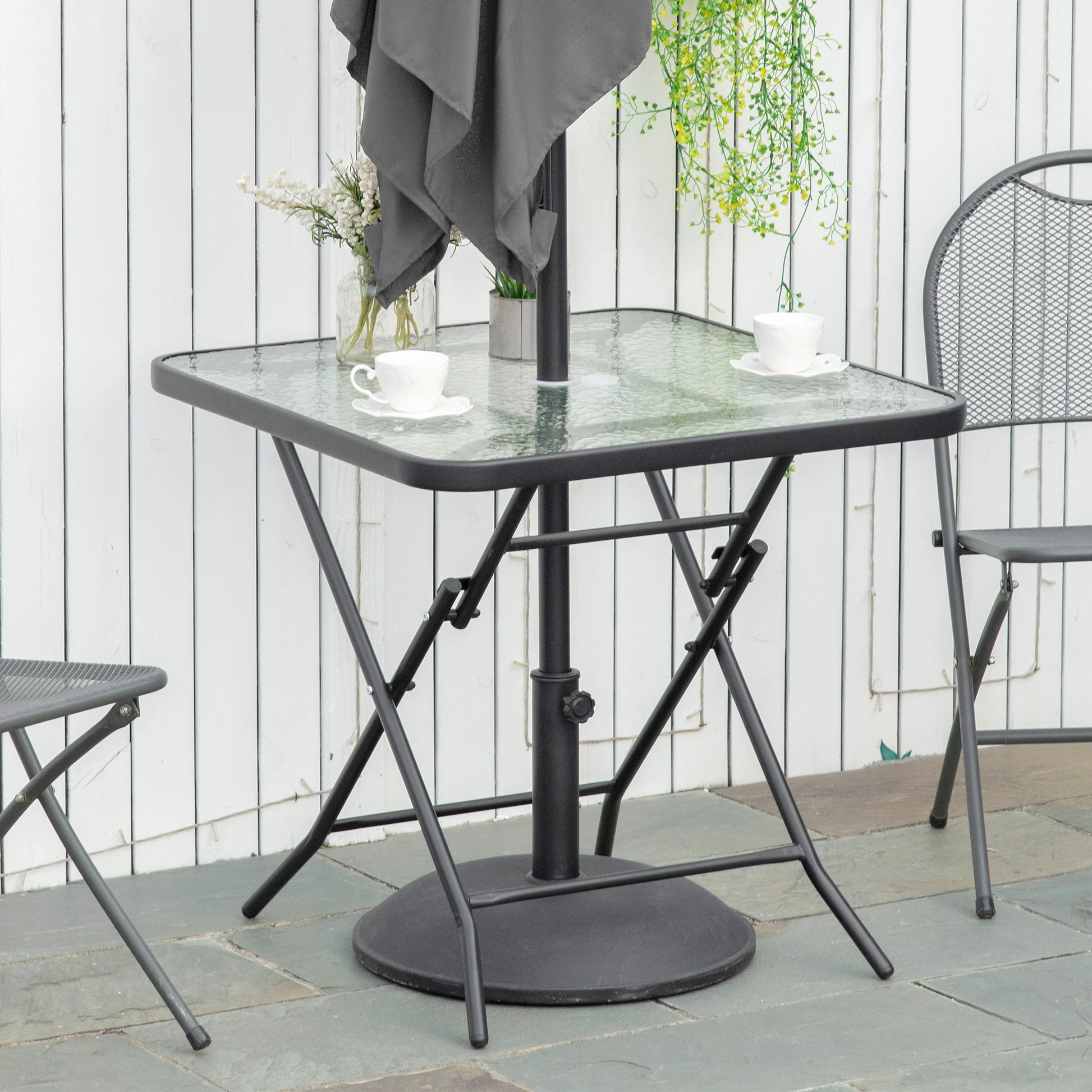 30" Square Outdoor Dining Table, Foldable, Water-Grain Glass Top, Black Patio Side Tables at Gallery Canada