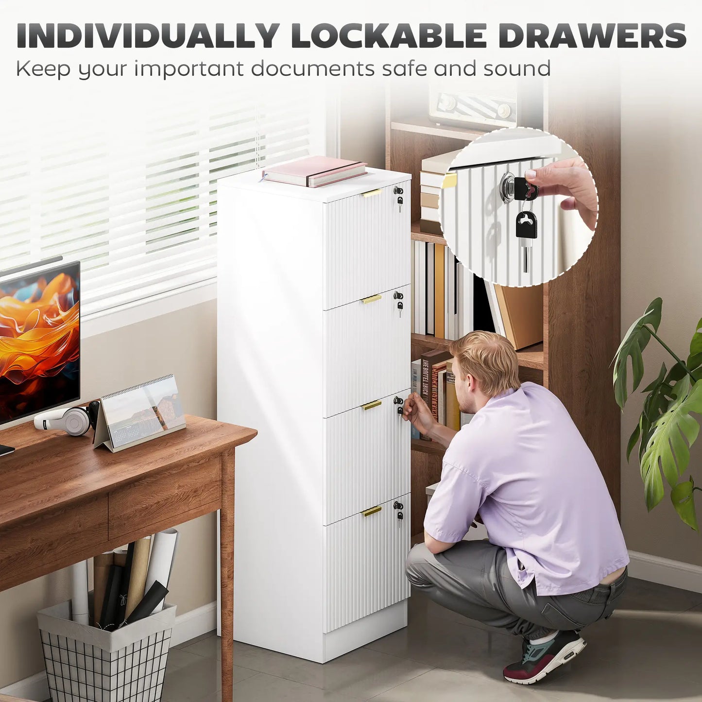 Lockable Filing Cabinet, 4 Drawers, Adjustable Hanging Rails, White Office Cabinets & Cupboards at Gallery Canada