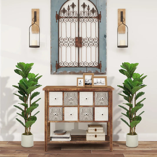 4FT Artificial Fiddle Leaf Fig Tree Set Of 2, Fake Potted Tree With Solid Wood Trunks, Green Artificial Trees Green at Gallery Canada