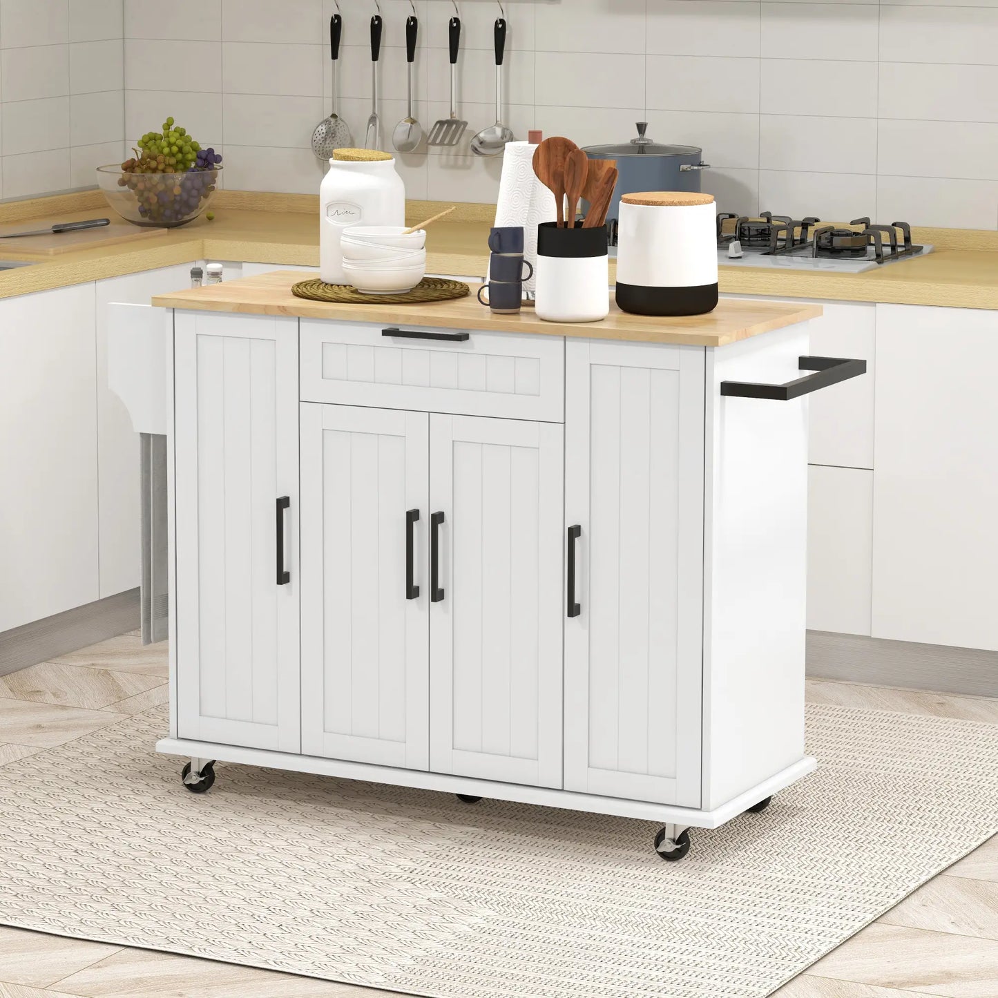 Modern Kitchen Island Cart, Natural Wood Top, Towel Rack, Door Storage, White Kitchen Islands & Kitchen Carts at Gallery Canada