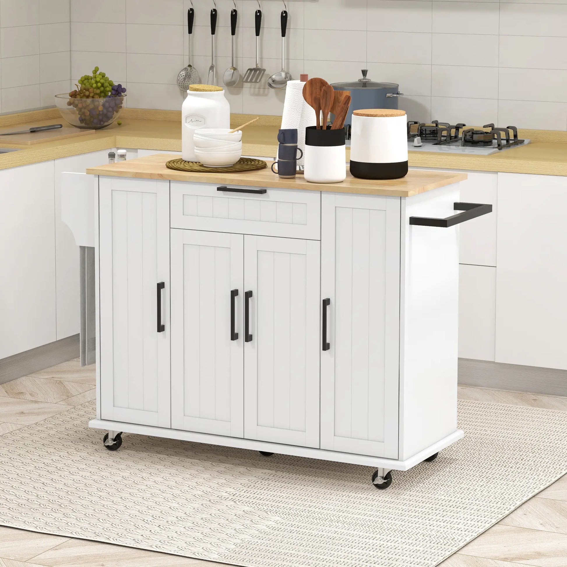Modern Kitchen Island Cart, Natural Wood Top, Towel Rack, Door Storage, White Kitchen Islands & Kitchen Carts at Gallery Canada