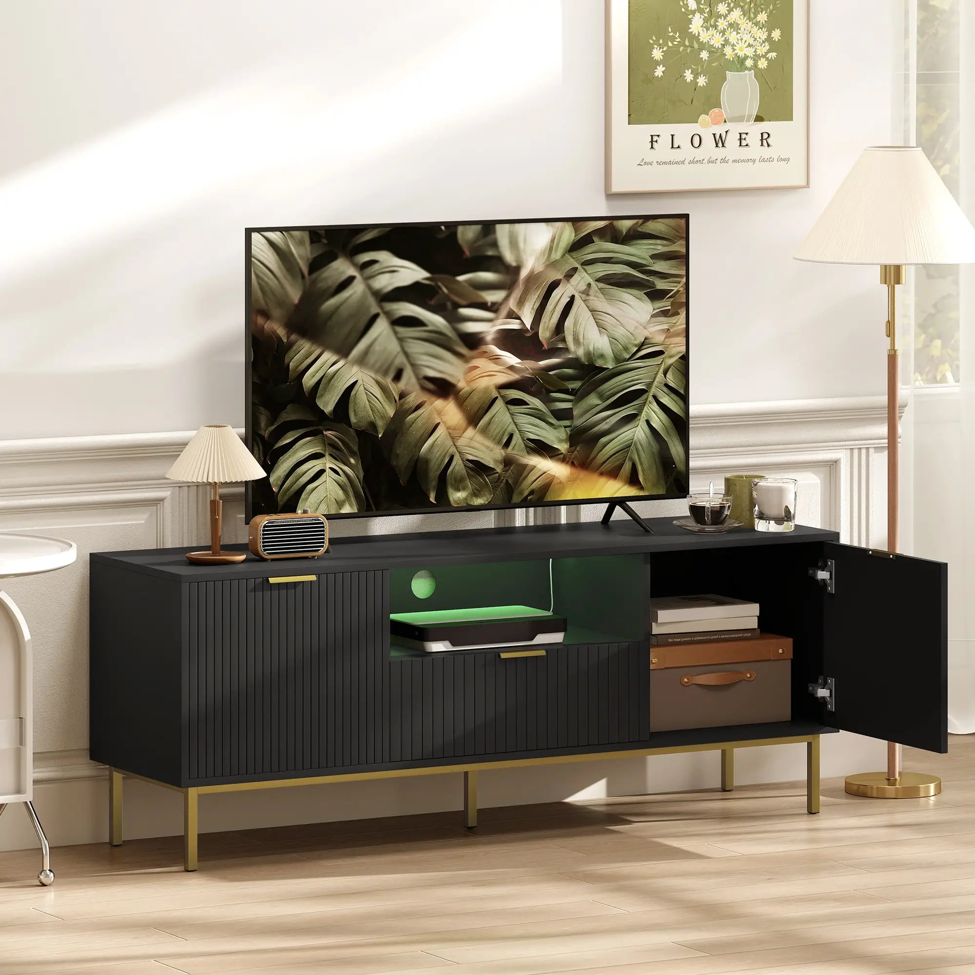 Modern TV Console, 50 Inch, With RGB LED Lights, Soft Close Doors, Black TV Stands at Gallery Canada