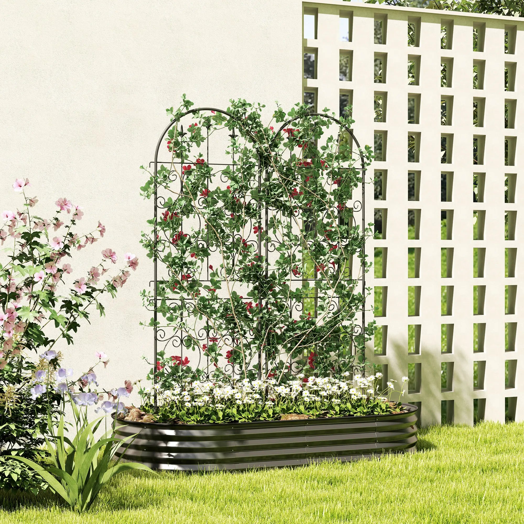 Metal Garden Trellis Set, Scrollwork Design, 150 x 50 cm, Black Plant Stands at Gallery Canada