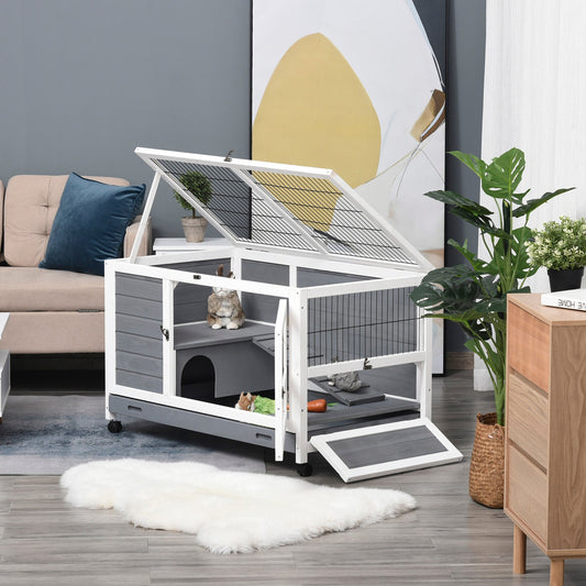 Wooden Rabbit Hutch Pet House Elevated Bunny Cage Small Animal Habitat with Slide-out Tray Lockable Door Openable Top for Indoor 40.25" x 23.5" x 25" Grey - Gallery Canada