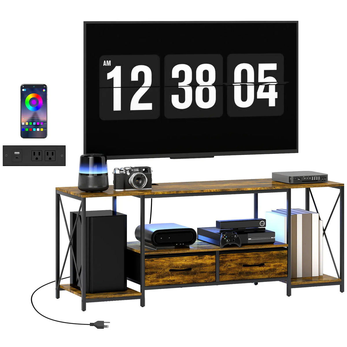 Industrial TV Stand For 55 Inch, Rustic Brown, Charging Station, RGB LED, Brown TV Stands at Gallery Canada
