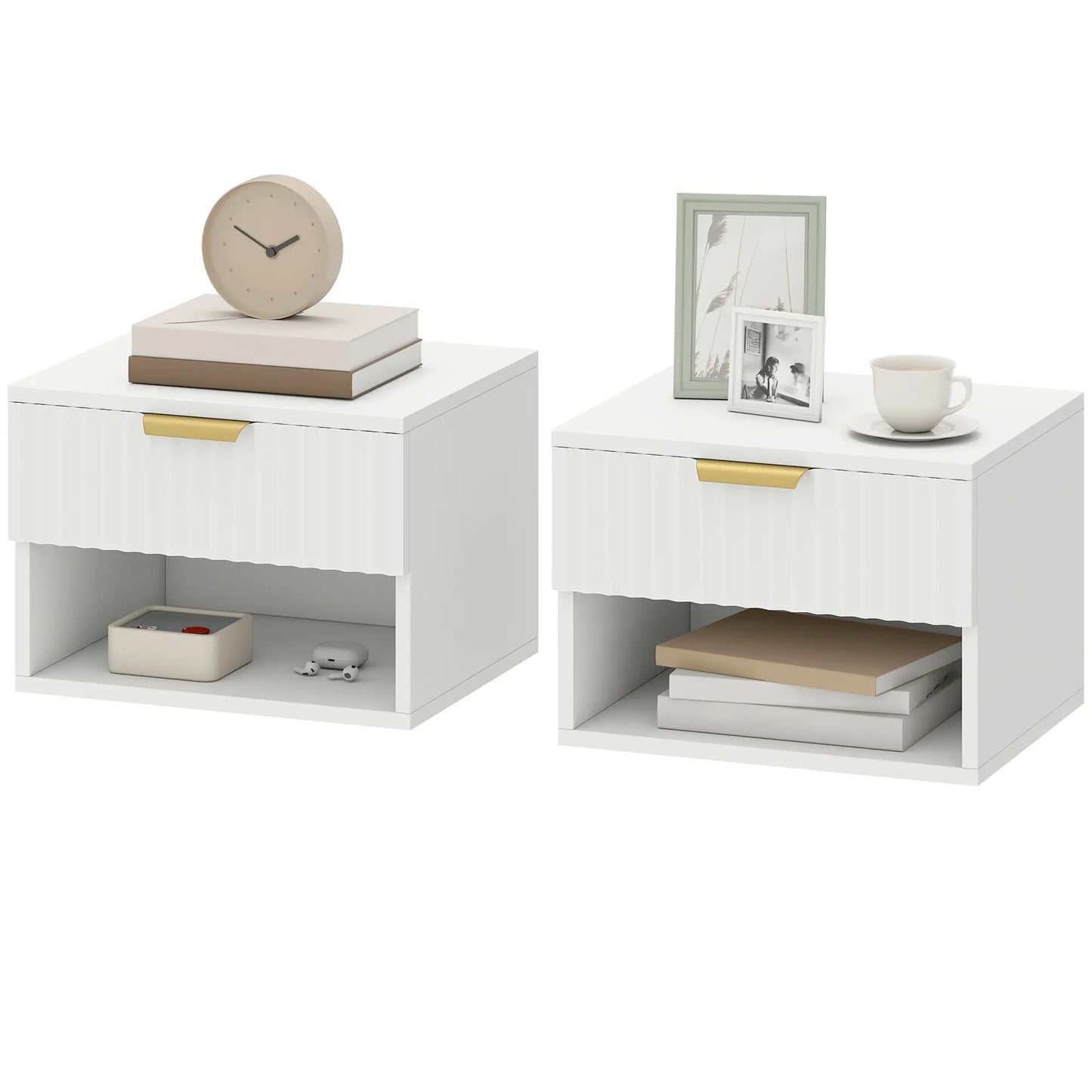 Floating Nightstands, Set of 2 with Drawer and Shelf, White Bedside Tables Gold, White at Gallery Canada