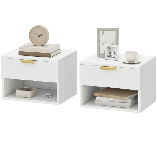 Floating Nightstands, Set of 2 with Drawer and Shelf, White Bedside Tables Gold, White at Gallery Canada