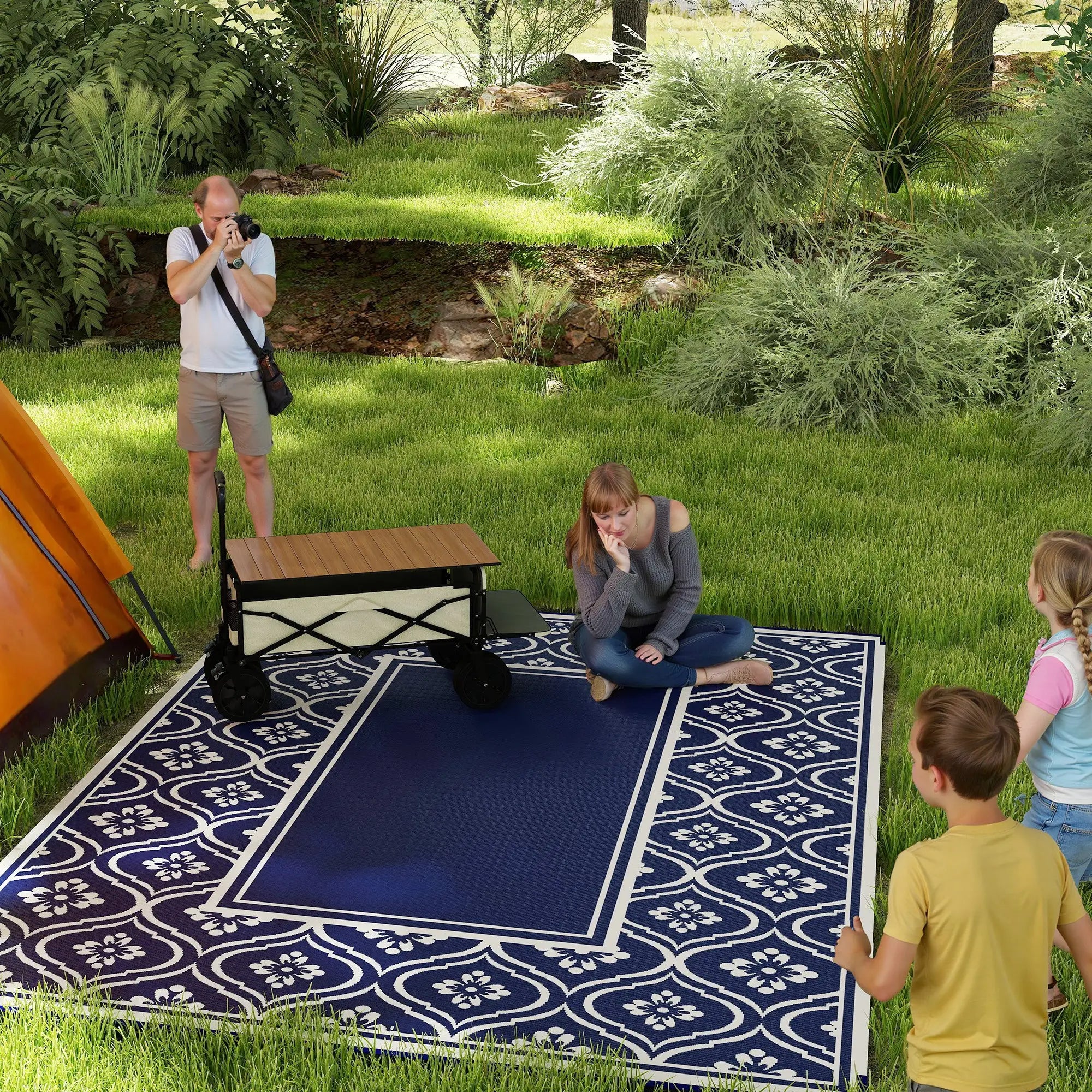 9' x 12' Outdoor RV Rug, Reversible, Gourd Border, Blue White, Blue Garden Decor at Gallery Canada