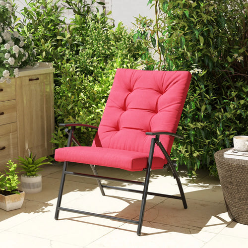 Foldable Lounge Chair, Fabric Recliner, Outdoor Lounger with Armrest, Metal Frame, Red