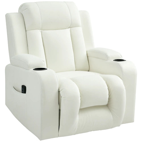 Swivel Massage Recliner Chair, Manual Rocker, PU Leather, Cream White