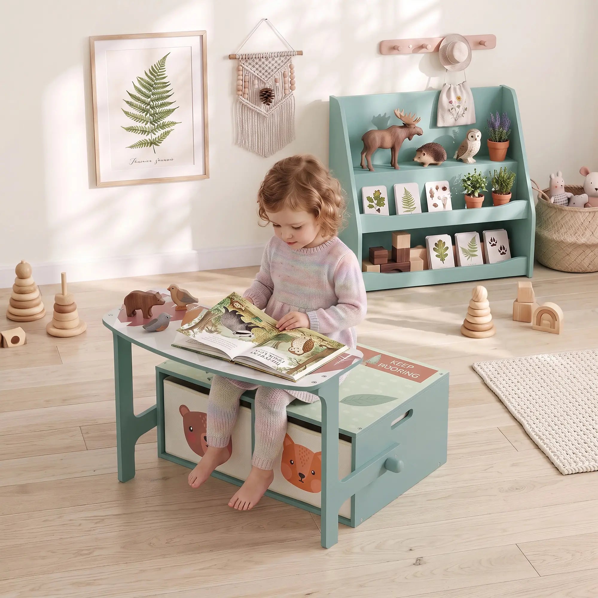 3-in-1 Wooden Toy Storage Bench, 2 Drawers, Green Baby & Kids Storage at Gallery Canada