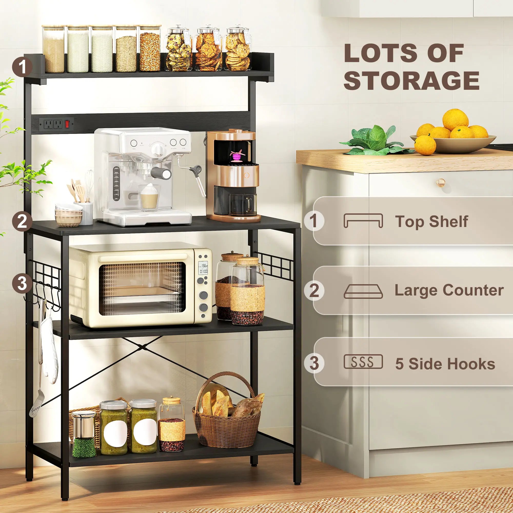 Kitchen Baker's Rack with Power Outlet, Coffee Bar Station with Adjustable Shelves and Hooks, Rustic Brown Bar Cabinets at Gallery Canada