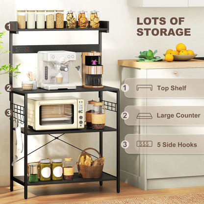 Kitchen Baker's Rack with Power Outlet, Coffee Bar Station with Adjustable Shelves and Hooks, Rustic Brown Bar Cabinets at Gallery Canada
