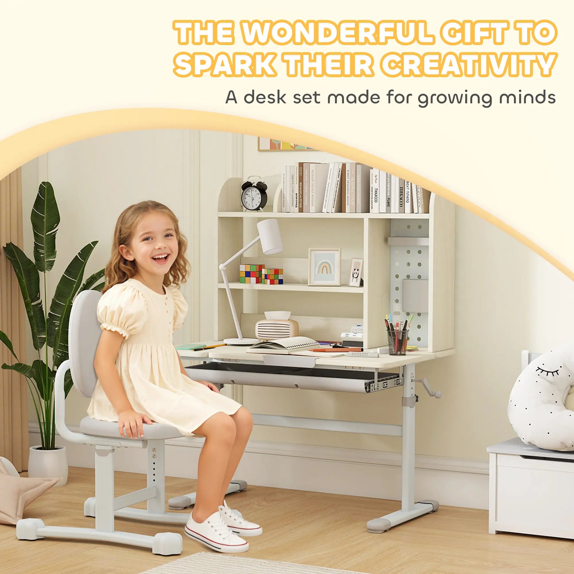 Kids Desk Chair Set, Adjustable Height, Tilting Desktop, Drawer Shelves, Grey Kids Desk Sets at Gallery Canada