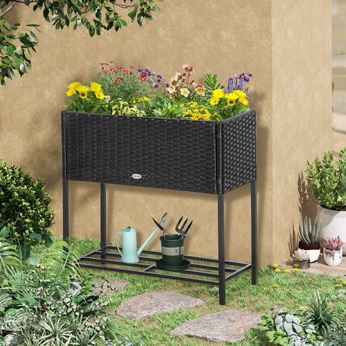 Rattan Raised Garden Box, Elevated Flower Bed with Storage, Black