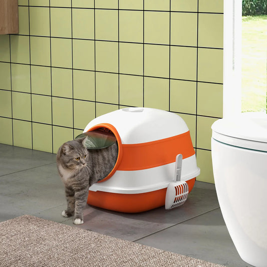 Covered Cat Litter Box with Lid, High Sides, Orange Cat Litter Box Enclosures White and Orange at Gallery Canada